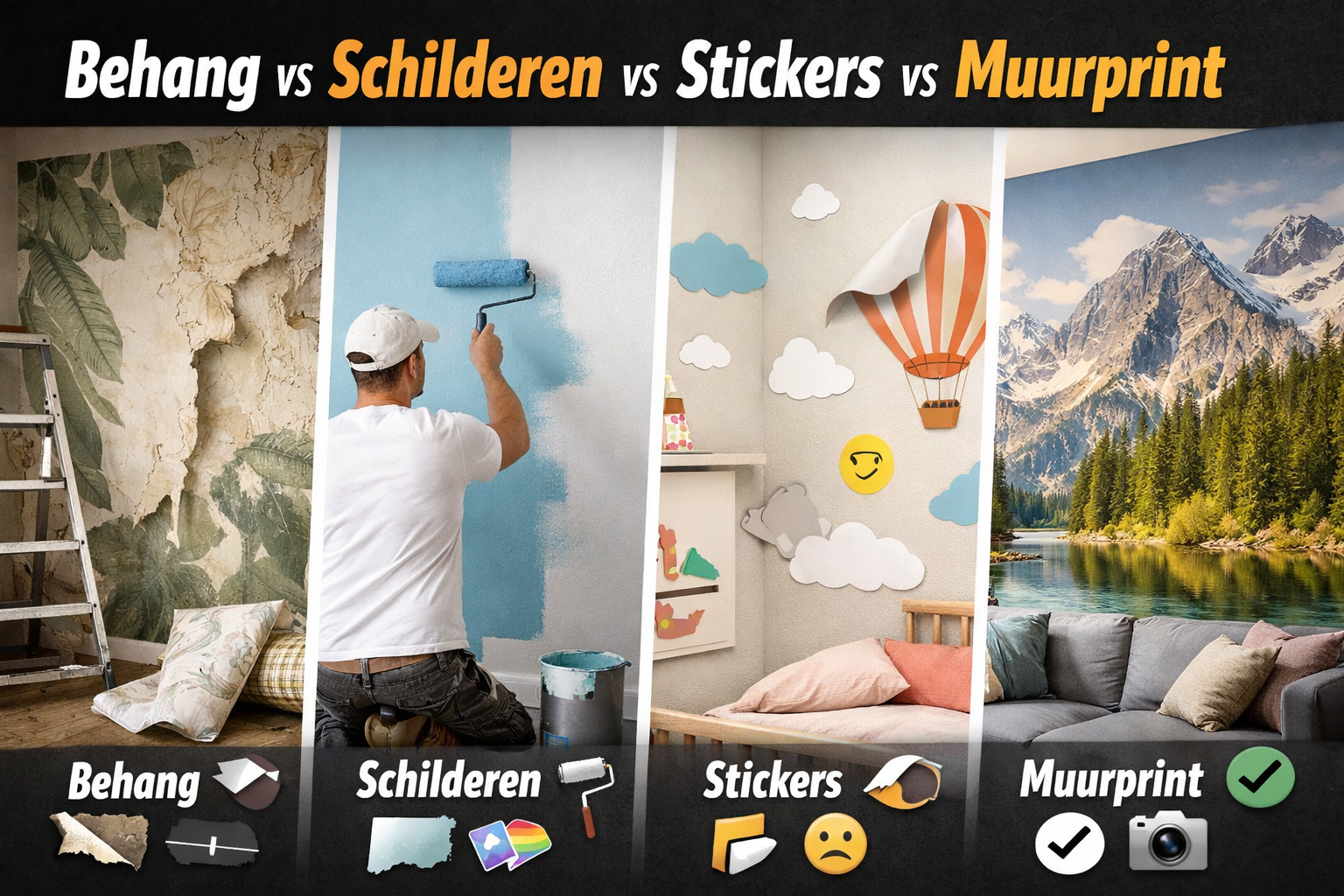 Muurprint vs behang, verf en stickers: wat is de beste keuze voor jouw muur?
