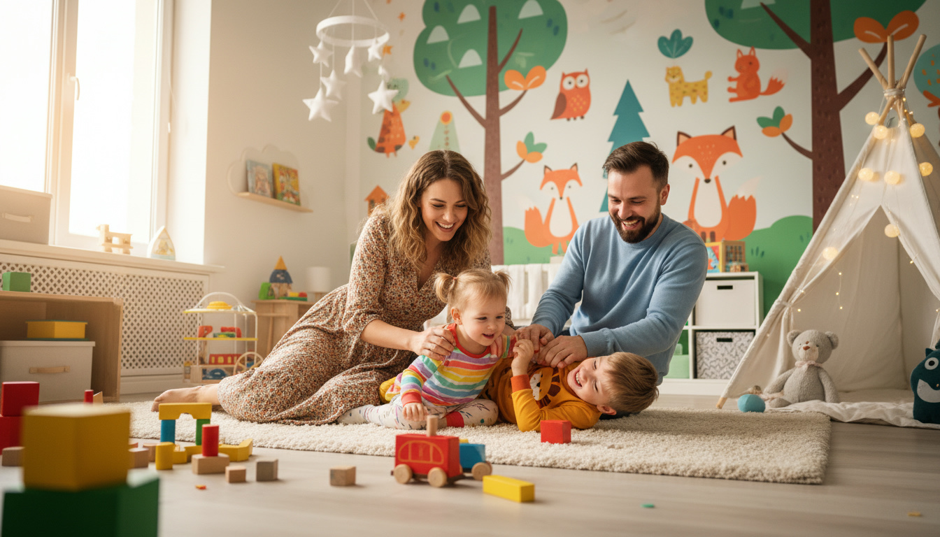 Warme kinderkamer met blije kinderen en wandprint
